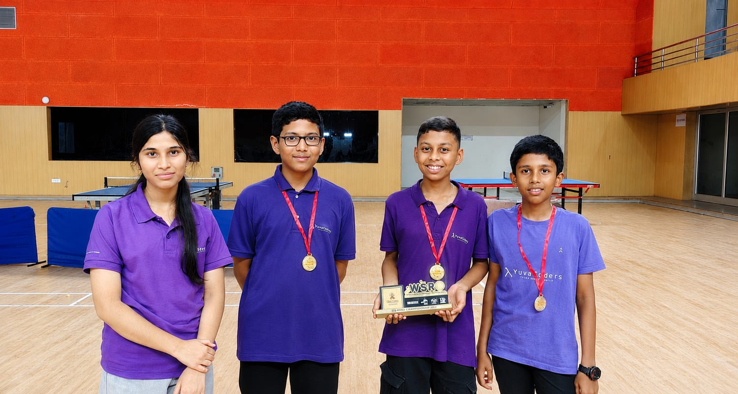 The YuvaCoders WSRO championship team with their medals and trophy